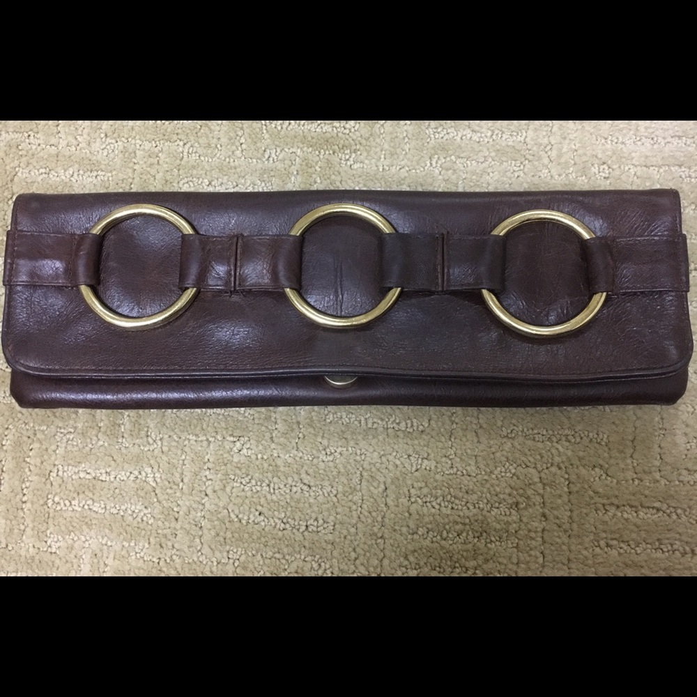 JJ Winters brown leather and brass ring clutch
